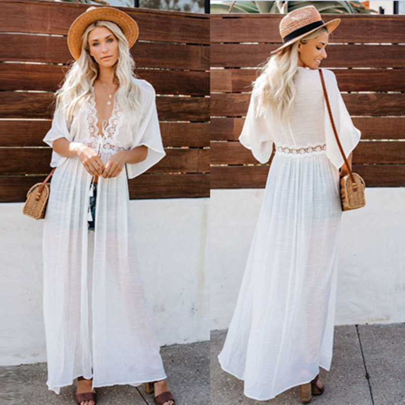 Cover Up Kaftan - ผู้หญิงชุดชายหาดชุดว่ายน้ําเซ็กซี่บิกินี่ Kaftan ชุดว่ายน้ําโครเชต์เปิดด้านหน้า Maxi สีขาวยาว Kimono