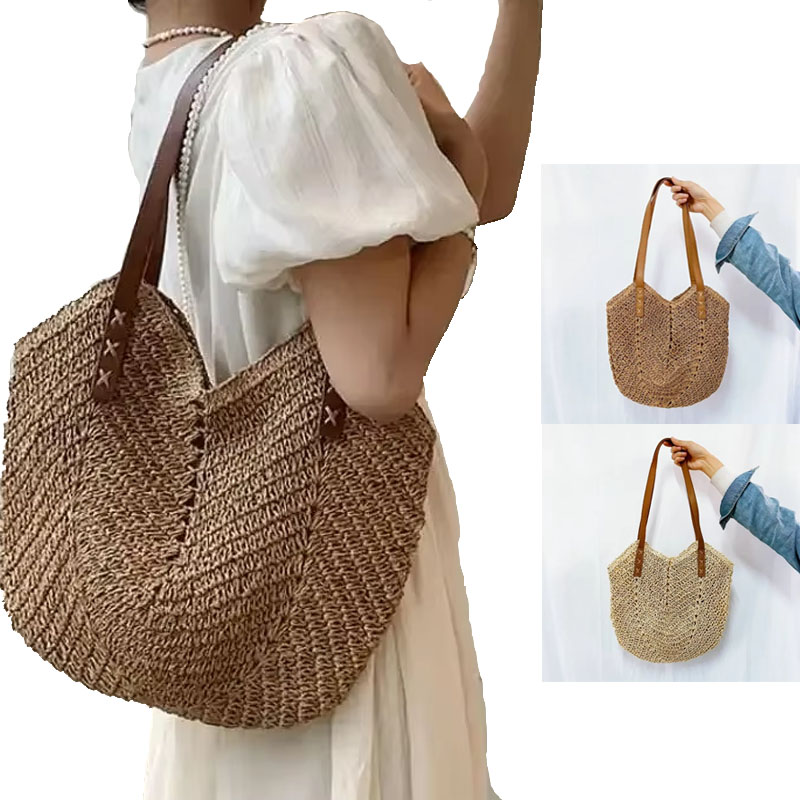 Crochet Bag Raffia - กระเป๋าถือฤดูร้อนปี 2026 กระเป๋าชายหาดโครเชต์ลายฉลุ กระเป๋าถือลำลอง กระเป๋าฟางสำหรับผู้หญิง กระเป๋าสะพายฟาง