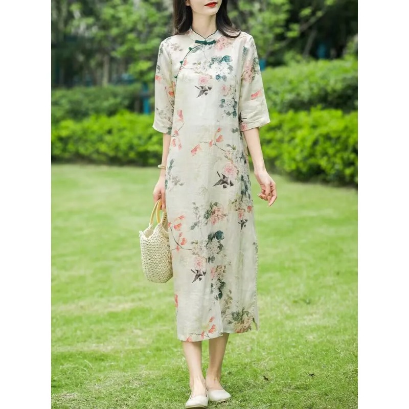 Midi Skirt Floral - ชุดเดรสผ้าลินินสไตล์จีนสำหรับผู้หญิง ลายดอกไม้ กระดุมแบบกบ แขน 3/4 ความยาวปานกลาง