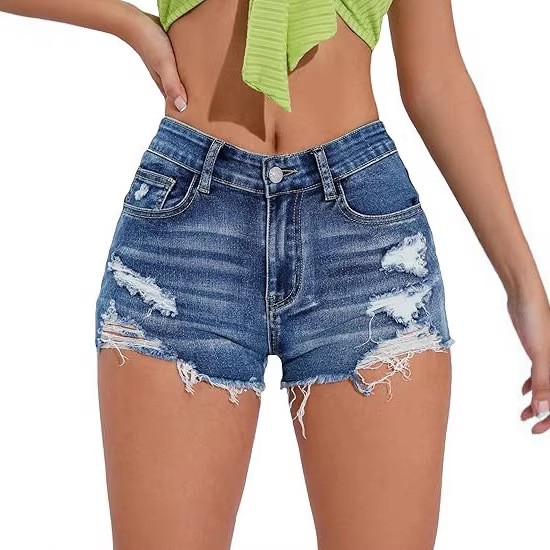 Shorts Denim Frayed - กางเกงยีนส์ขาสั้นเอวสูงสีน้ำเงินขาดรุ่ยสำหรับผู้หญิง ทรงขาตรง ผ้าฝ้าย สไตล์ลำลอง รุ่น En