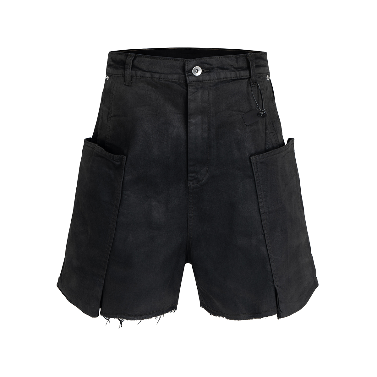 Shorts Denim Frayed - กางเกงยีนส์ขาสั้นสไตล์สตรีทแวร์ รุ่นใหม่สำหรับฤดูร้อน เคลือบแว็กซ์ ขอบรุ่ย สไตล์วินเทจ สีดำ