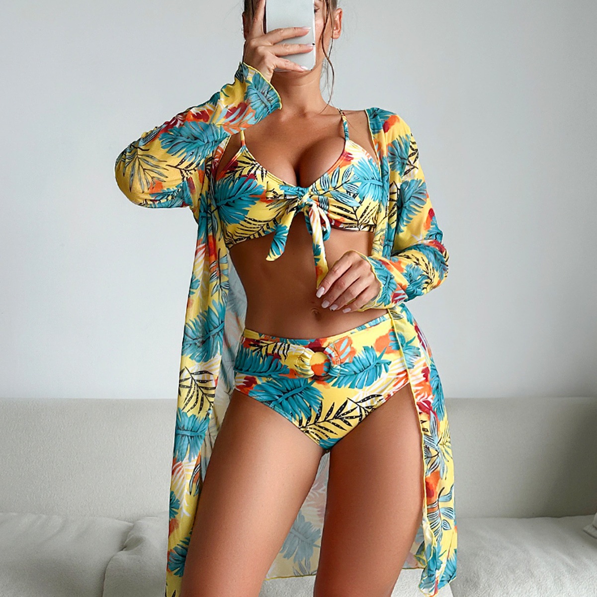 Kimono Sheer Floral - ชุดว่ายน้ำผู้หญิง 3 ชิ้น ลายดอกไม้ ท็อปบิกินี่ผูกด้านหน้า กางเกงว่ายน้ำเอวสูง