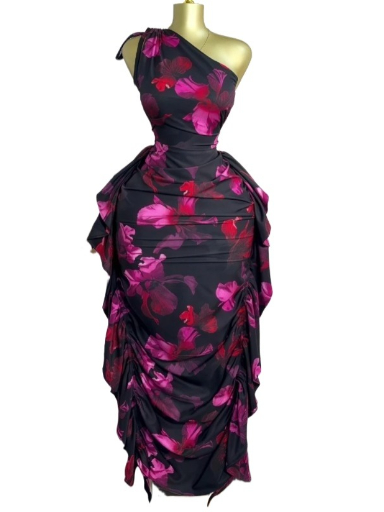 Midi Skirt Floral - ผู้หญิงดอกไม้พิมพ์หนึ่งไหล่แขนกุดซ้อน Ruched Bodycon Midi Maxi ชุดยาว