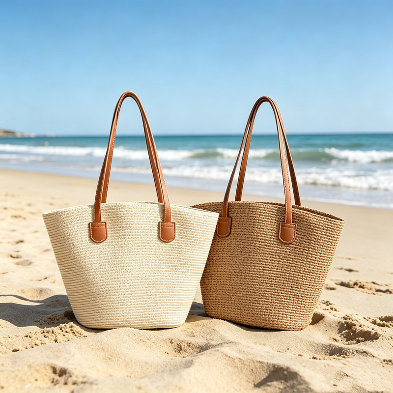 Tote Bag Beach - CLAREGQI กระเป๋าโท้ทสานสีพื้นสำหรับผู้หญิง, กระเป๋าสะพายชายหาดสานความจุขนาดใหญ่พร้อมหูจับหนัง PU, กระเป๋าสะพายลำลองสำหรับฤดูร้อน