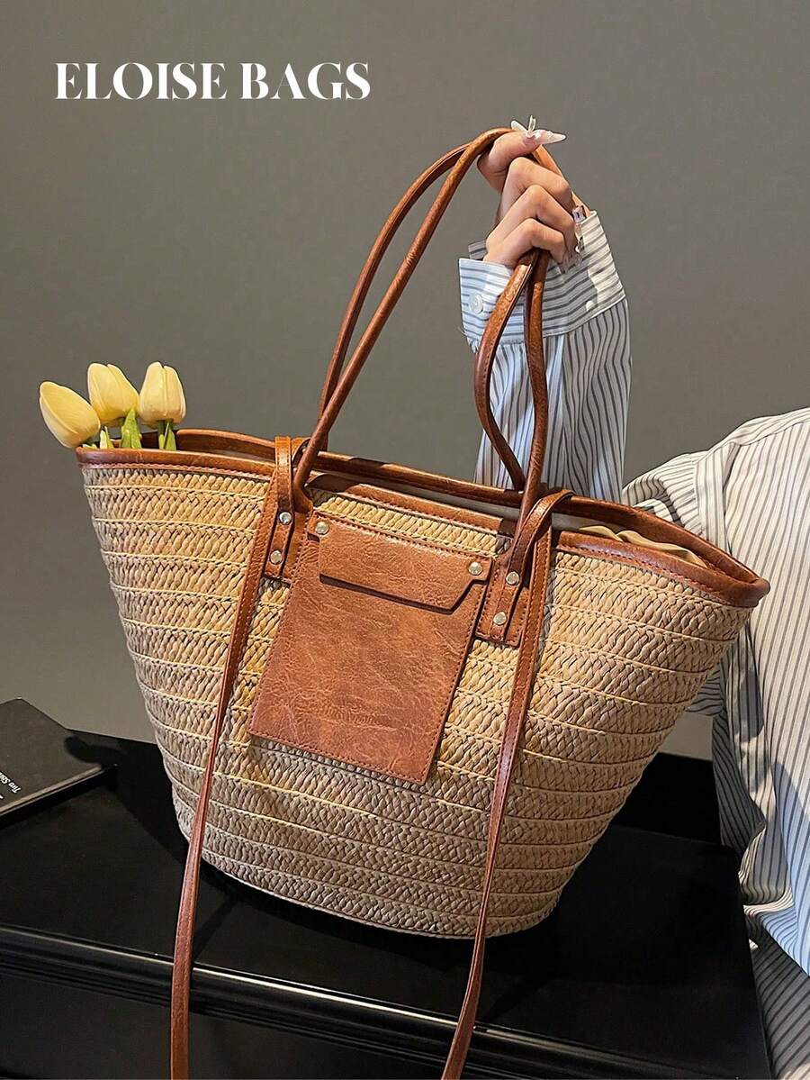 Tote Bag Beach - กระเป๋าถือสานขนาดใหญ่สำหรับแฟชั่น, กระเป๋าสะพายไหล่/ใต้แขนสำหรับวันพักผ่อนริมชายหาด, กระเป๋าชายหาดที่สะดุดตาสำหรับฤดูร้อน