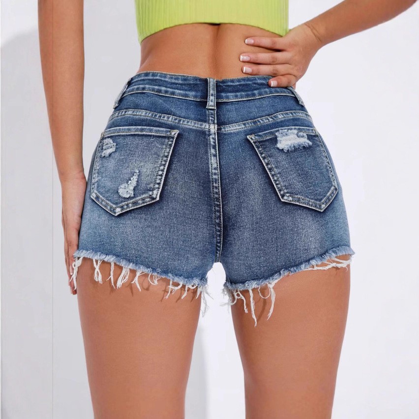 กางเกงยีนส์ขาสั้นเอวสูงสีน้ำเง - Shorts Denim Frayed บทวิจารณ์และราคา