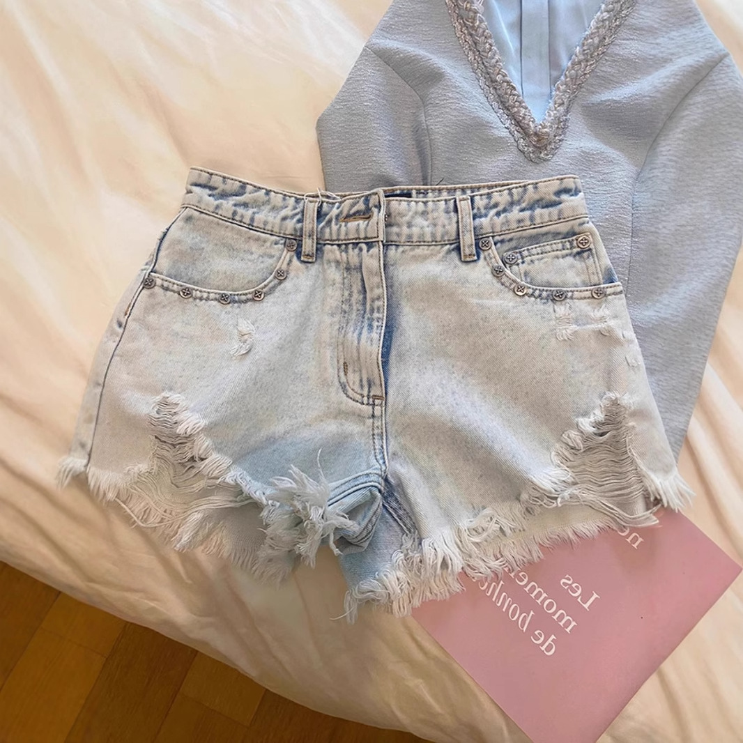 กางเกงยีนส์ขาสั้นทรงตรงเอวสูงป - Shorts Denim Frayed บทวิจารณ์และราคา