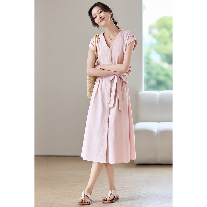 SENTUBILA ชุดเดรสสีชมพูผู้หญิง - Linen Dress Wrap บทวิจารณ์และราคา